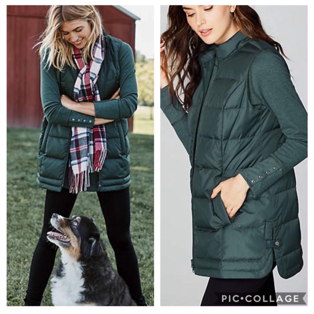 J. Jill XL Green Down 3/4 Length Puffer 3/4 Long Vest Coat Zip Pockets